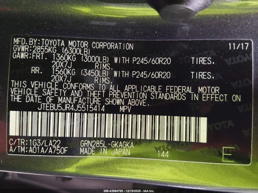 2018 Toyota 4Runner Sr5 Prem/Ltdl/Trail/Trd VIN: JTEBU5JR4J5515414 Lot: 43964700