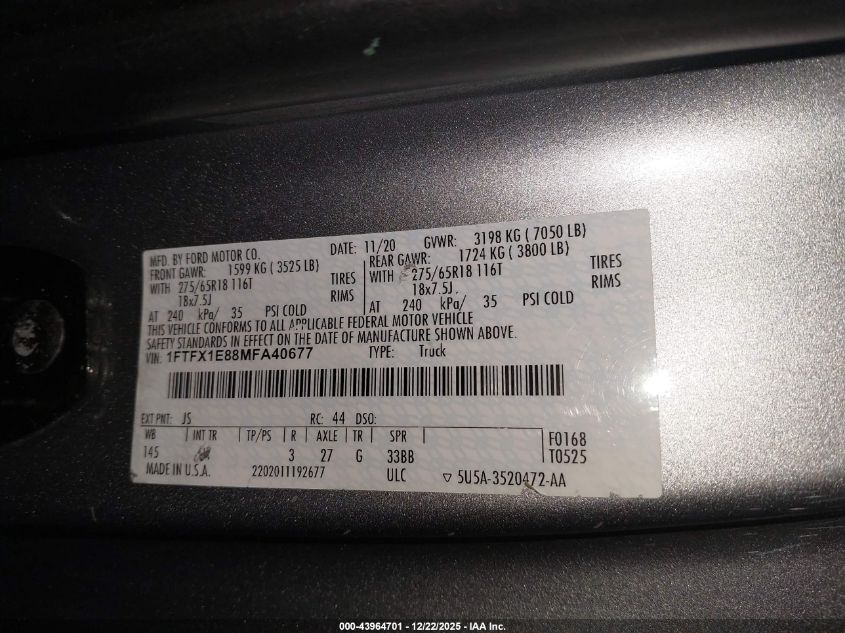 2021 Ford F-150 Lariat VIN: 1FTFX1E88MFA40677 Lot: 43964701