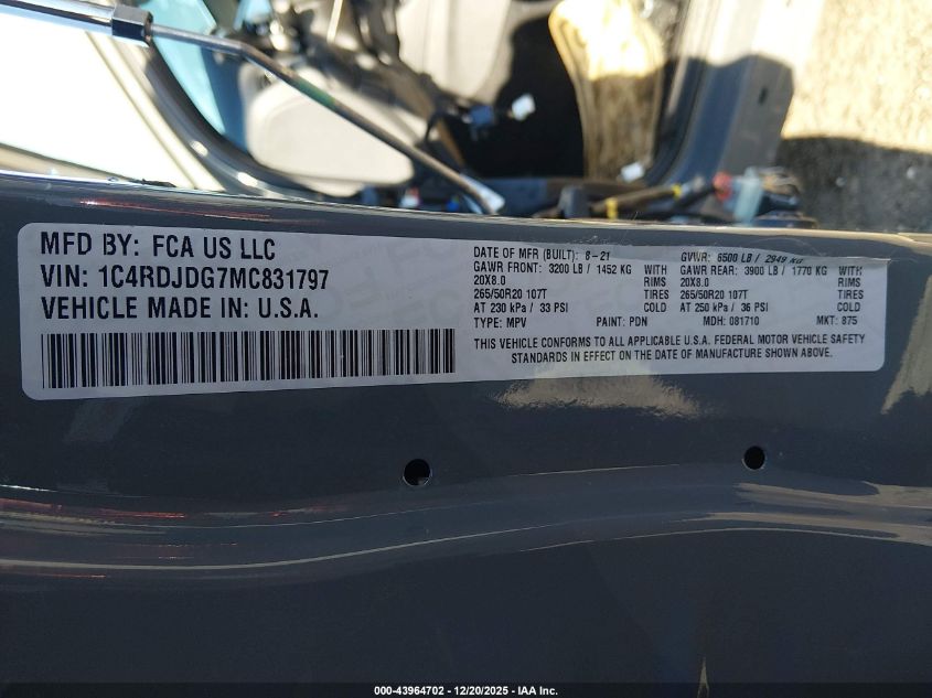 2021 Dodge Durango Gt Plus Awd VIN: 1C4RDJDG7MC831797 Lot: 43964702