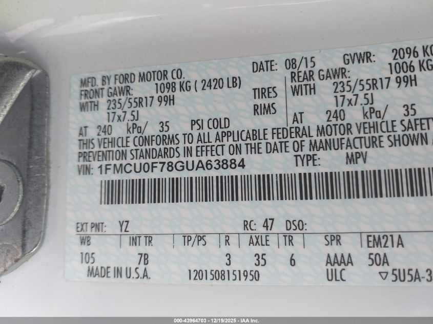 2016 Ford Escape S VIN: 1FMCU0F78GUA63884 Lot: 43964703