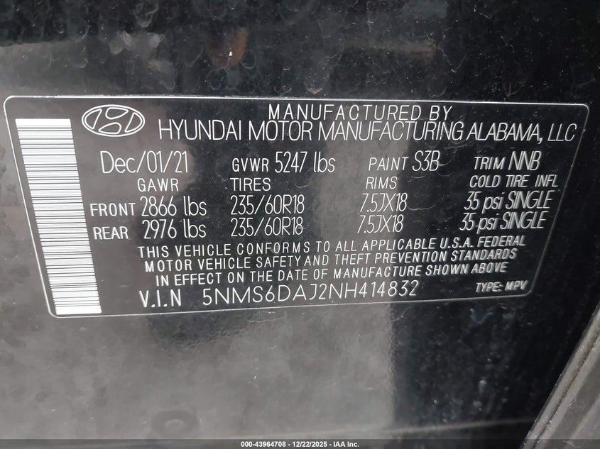 5NMS6DAJ2NH414832 2022 HYUNDAI SANTA FE photo no. 9