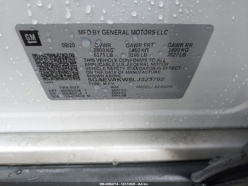 2020 Buick Enclave Awd Essence VIN: 5GAEVAKW8LJ323792 Lot: 43964714