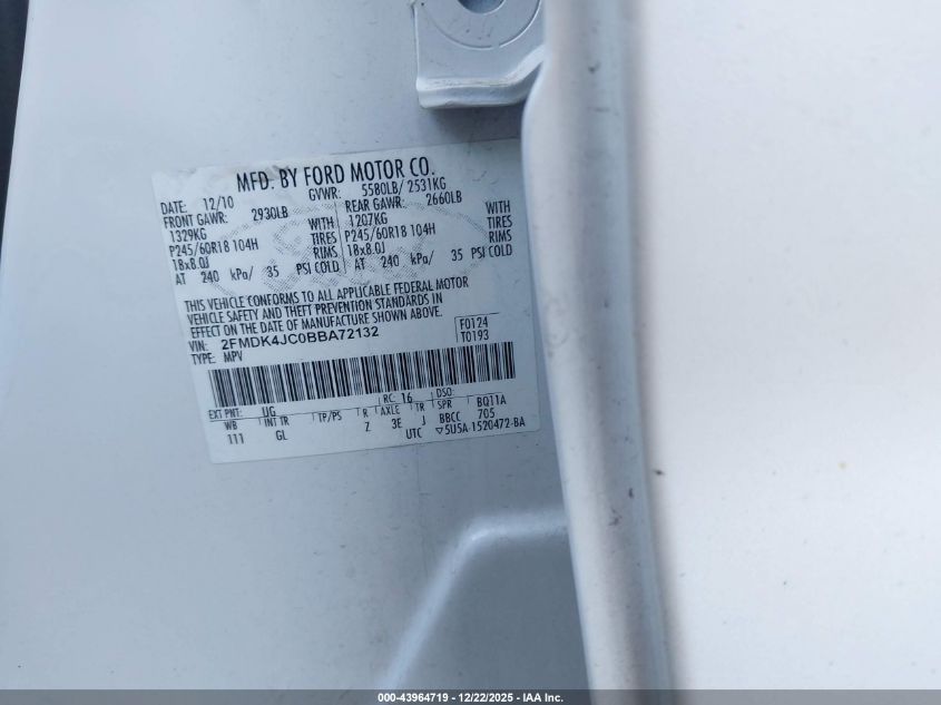 2011 Ford Edge Sel VIN: 2FMDK4JC0BBA72132 Lot: 43964719