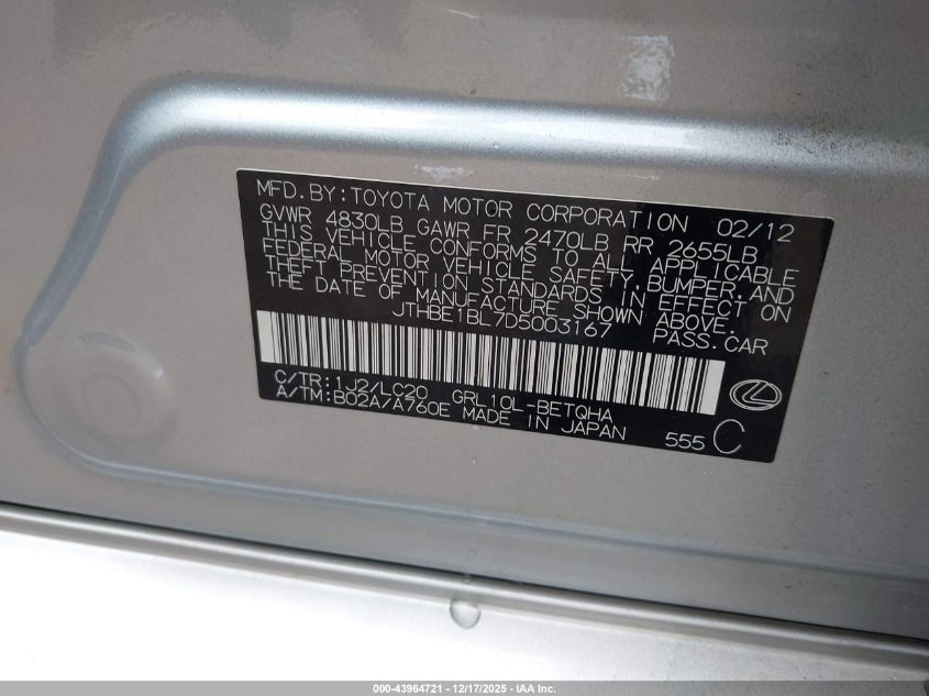 2013 Lexus Gs 350 VIN: JTHBE1BL7D5003167 Lot: 43964721