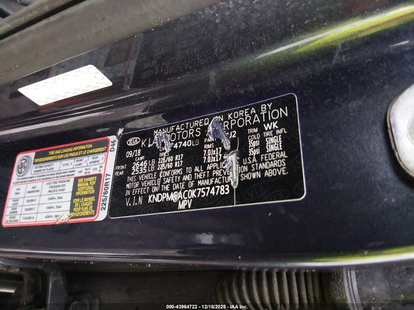2019 Kia Sportage Lx VIN: KNDPMCAC0K7574783 Lot: 43964722