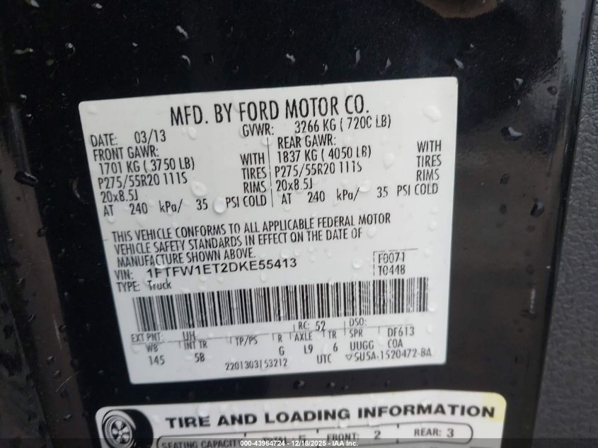 2013 Ford F-150 Fx4 VIN: 1FTFW1ET2DKE55413 Lot: 43964724