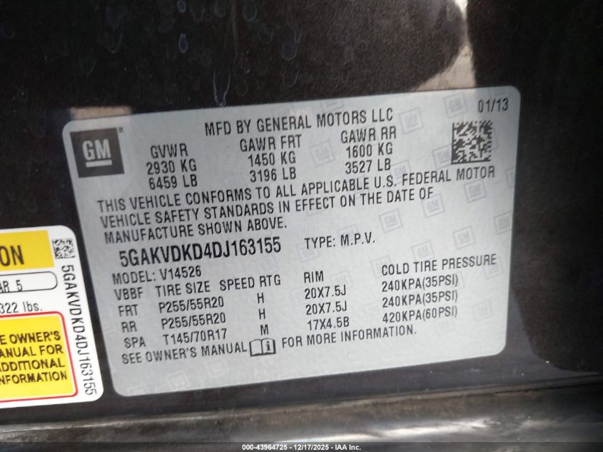 2013 Buick Enclave Premium VIN: 5GAKVDKD4DJ163155 Lot: 43964725