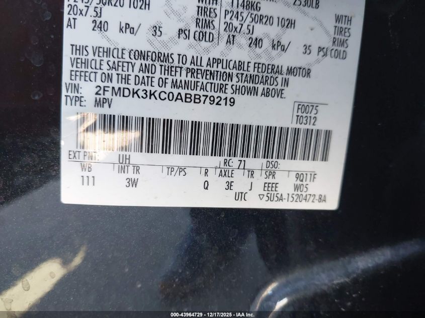 2010 Ford Edge Limited VIN: 2FMDK3KC0ABB79219 Lot: 43964729