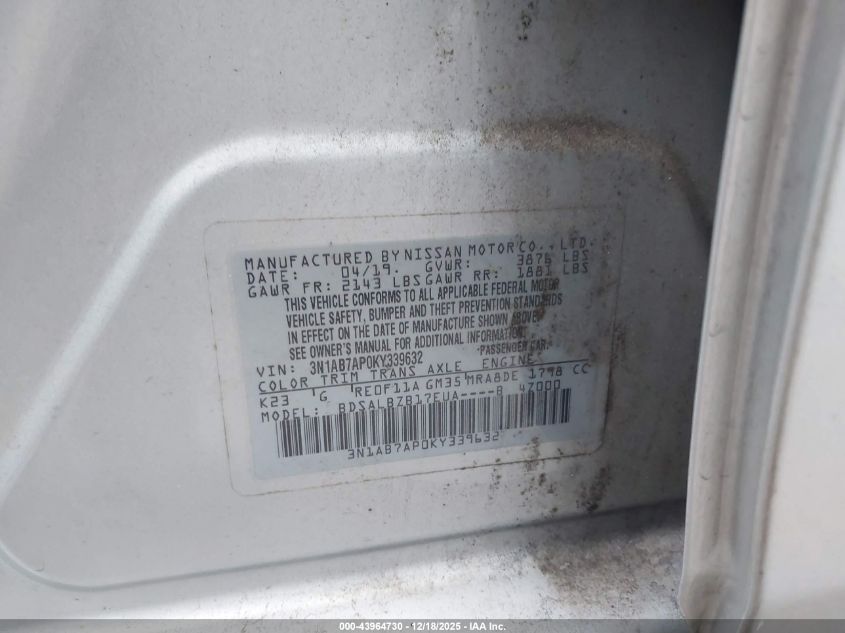 2019 Nissan Sentra S VIN: 3N1AB7AP0KY339632 Lot: 43964730