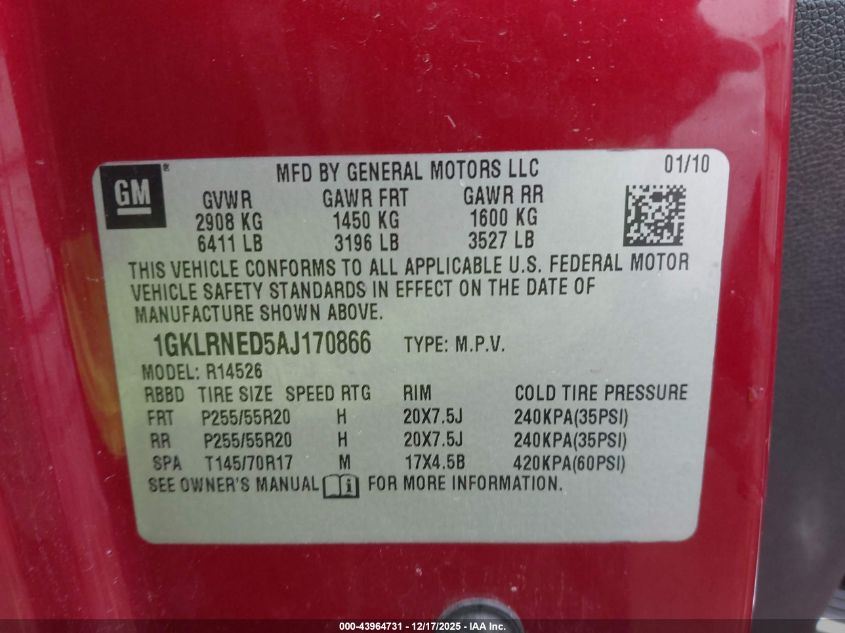 2010 GMC Acadia Slt-2 VIN: 1GKLRNED5AJ170866 Lot: 43964731