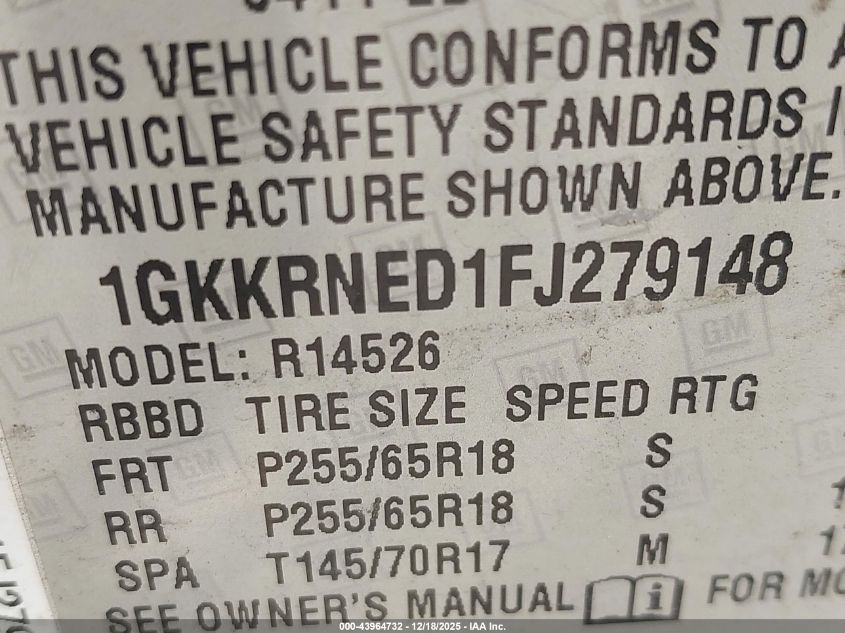 2015 GMC Acadia Sle-1 VIN: 1GKKRNED1FJ279148 Lot: 43964732