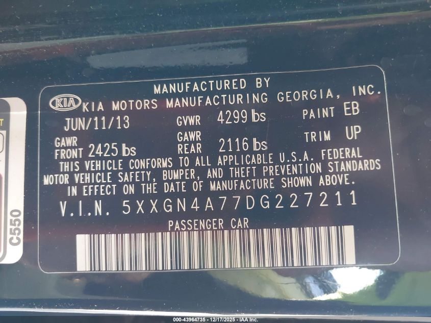 2013 Kia Optima Ex VIN: 5XXGN4A77DG227211 Lot: 43964735