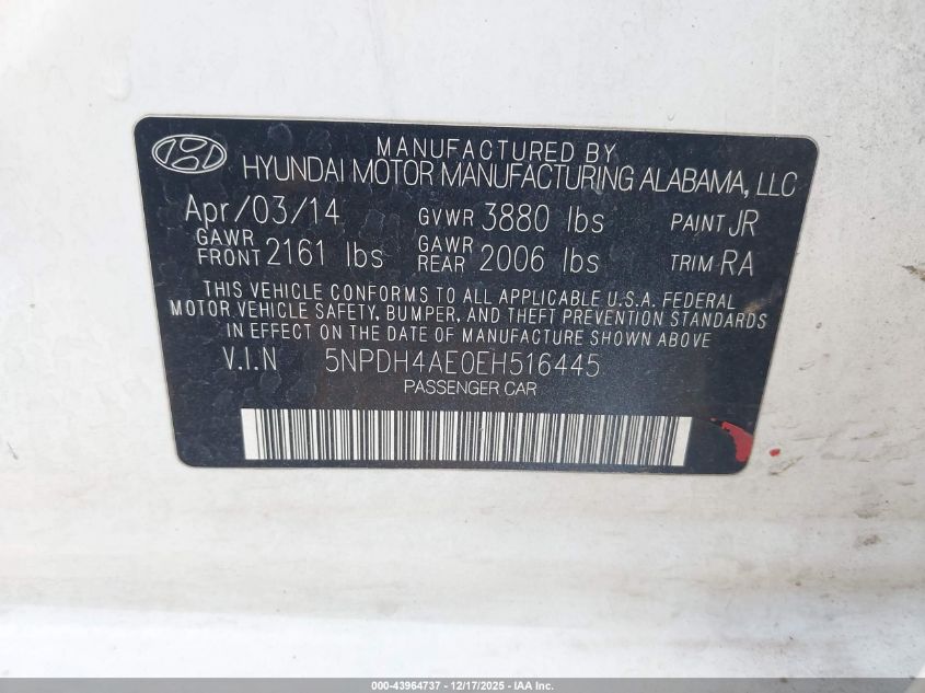2014 Hyundai Elantra Se VIN: 5NPDH4AE0EH516445 Lot: 43964737