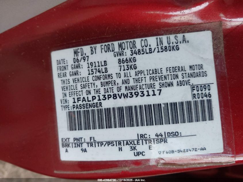1997 Ford Escort "Cool" VIN: IFALP13P8VW393117 Lot: 43964736