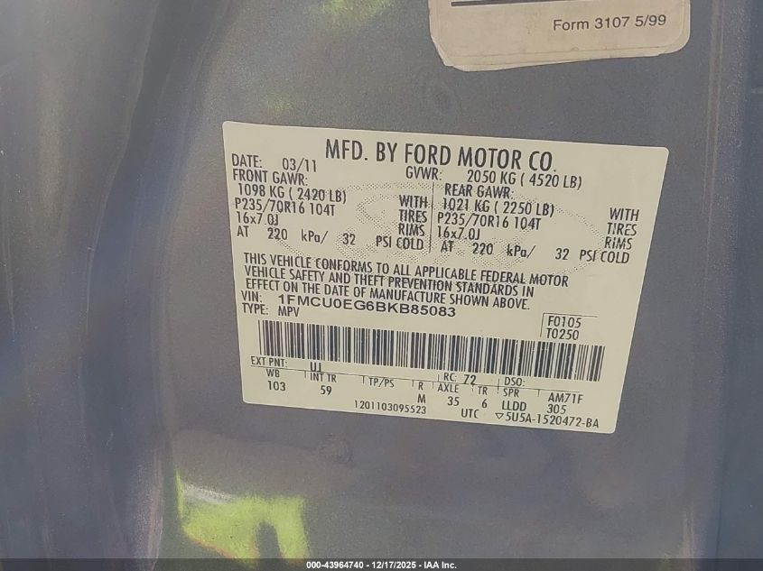 2011 Ford Escape Limited VIN: 1FMCU0EG6BKB85083 Lot: 43964740