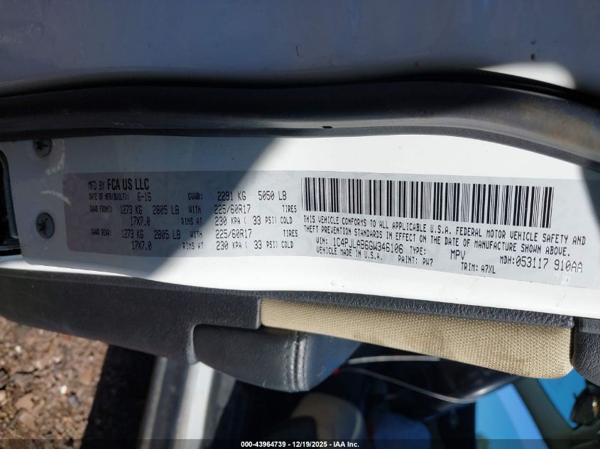 2016 Jeep Cherokee Sport VIN: 1C4PJLAB6GW346106 Lot: 43964739