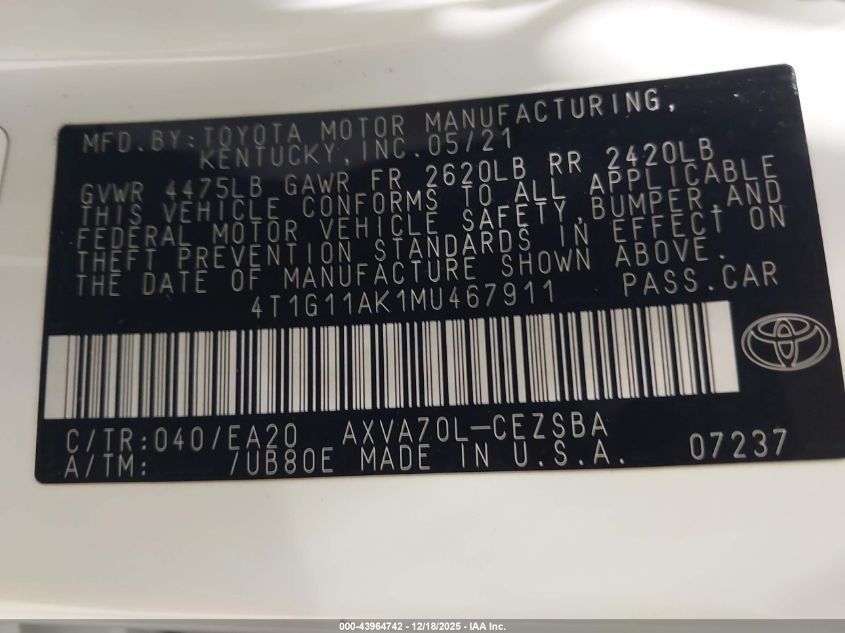 2021 Toyota Camry Se VIN: 4T1G11AK1MU467911 Lot: 43964742