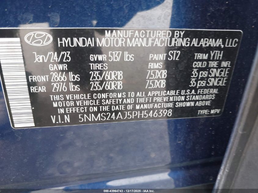 2023 Hyundai Santa Fe Sel VIN: 5NMS24AJ5PH546398 Lot: 43964743