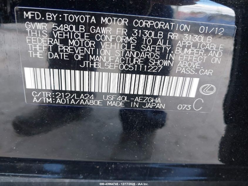2012 Lexus Ls 460 VIN: JTHBL5EF0C5111227 Lot: 43964745