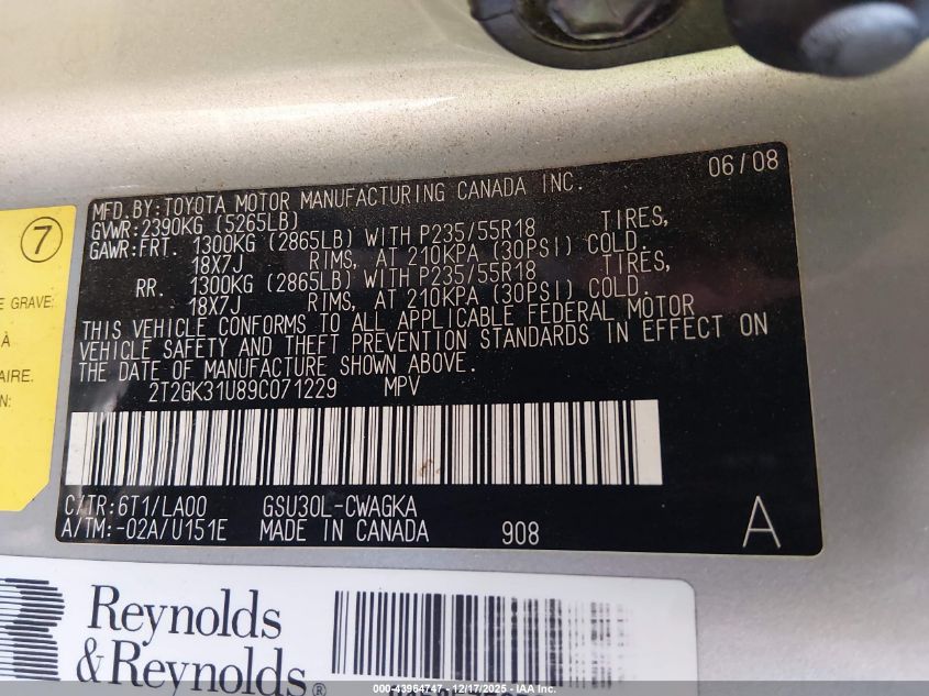 2009 Lexus Rx 350 VIN: 2T2GK31U89C071229 Lot: 43964747