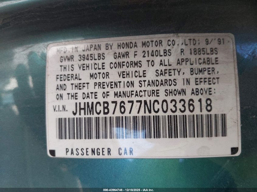 1992 Honda Accord Ex/Ex-R VIN: JHMCB7677NC033618 Lot: 43964746