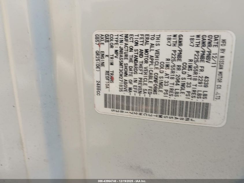 2012 Nissan Rogue Sv W/Sl Pkg VIN: JN8AS5MT3CW271835 Lot: 43964748