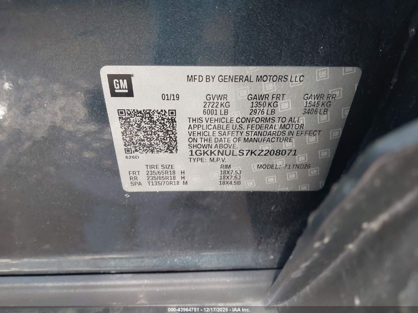 2019 GMC Acadia Slt-1 VIN: 1GKKNULS7KZ208071 Lot: 43964751