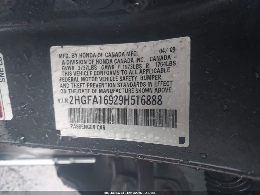 2009 Honda Civic Ex-L VIN: 2HGFA16929H516888 Lot: 43964754