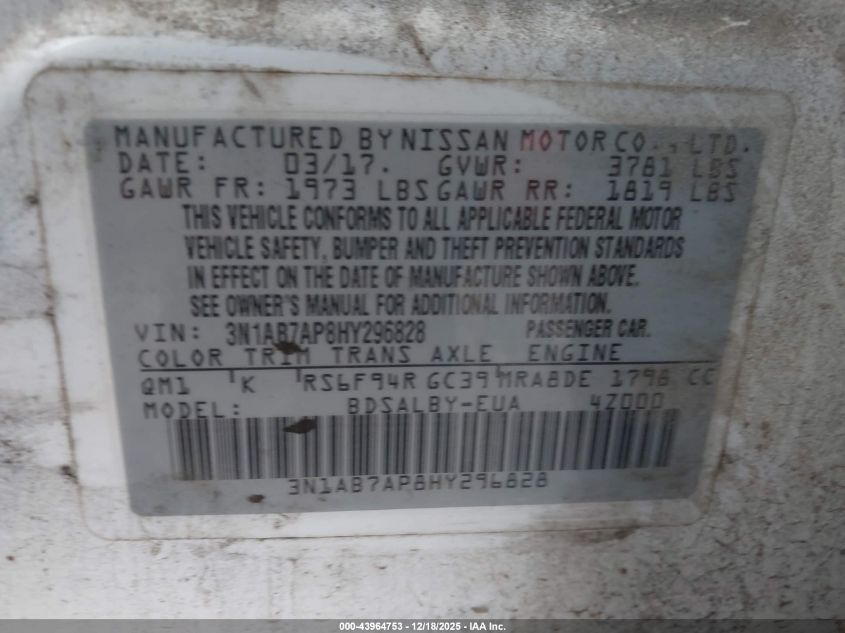 2017 Nissan Sentra S VIN: 3N1AB7AP8HY296828 Lot: 43964753