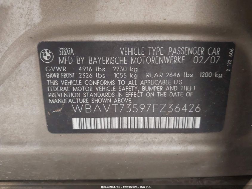 2007 BMW 328Xi VIN: WBAVT73597FZ36426 Lot: 43964756