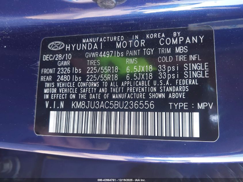 2011 Hyundai Tucson Limited VIN: KM8JU3AC5BU236556 Lot: 43964761