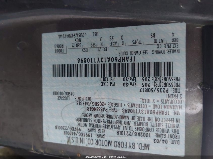 2003 Ford Thunderbird VIN: 1FAHP60A13Y110898 Lot: 43964762