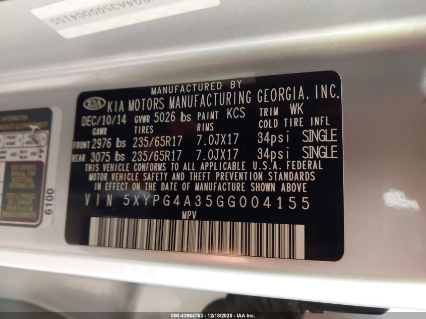2016 Kia Sorento 2.4L L VIN: 5XYPG4A35GG004155 Lot: 43964763