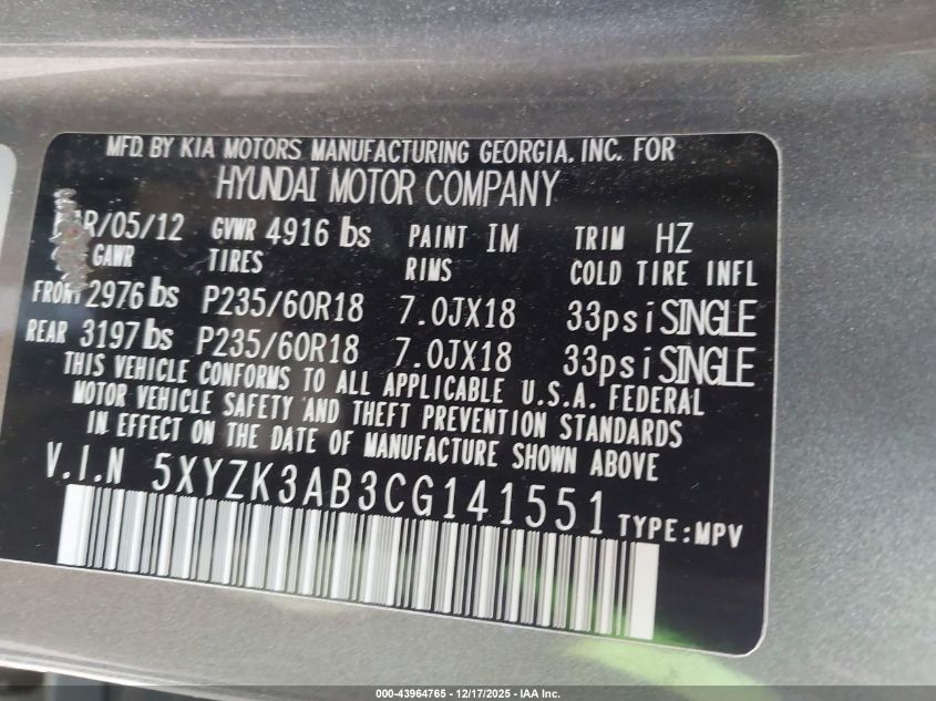 2012 Hyundai Santa Fe Limited VIN: 5XYZK3AB3CG141551 Lot: 43964765