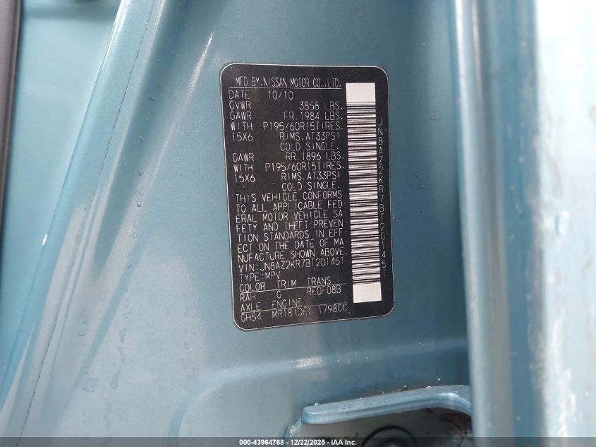 2011 Nissan Cube 1.8S VIN: JN8AZ2KR7BT201451 Lot: 43964768