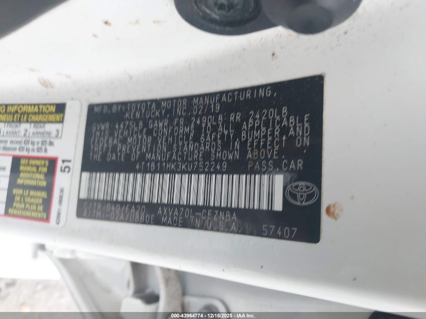 2019 Toyota Camry Le VIN: 4T1B11HK3KU752249 Lot: 43964774