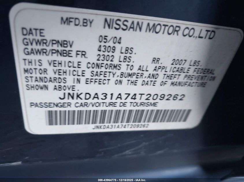 2004 Infiniti I35 Luxury VIN: JNKDA31A74T209262 Lot: 43964775