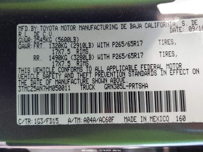 2017 Toyota Tacoma Trd Sport VIN: 3TMCZ5AN7HM050011 Lot: 43964776