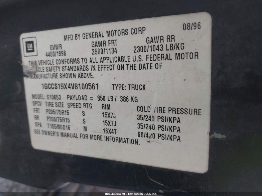 1997 Chevrolet S-10 Ls Fleetside VIN: 1GCCS19X4V8100561 Lot: 43964779