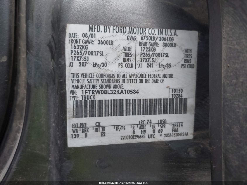 2002 Ford F-150 Lariat/Xlt VIN: 1FTRW08L32KA10534 Lot: 43964780