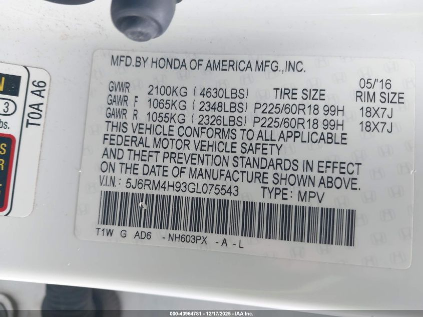 2016 Honda Cr-V Touring VIN: 5J6RM4H93GL075543 Lot: 43964781