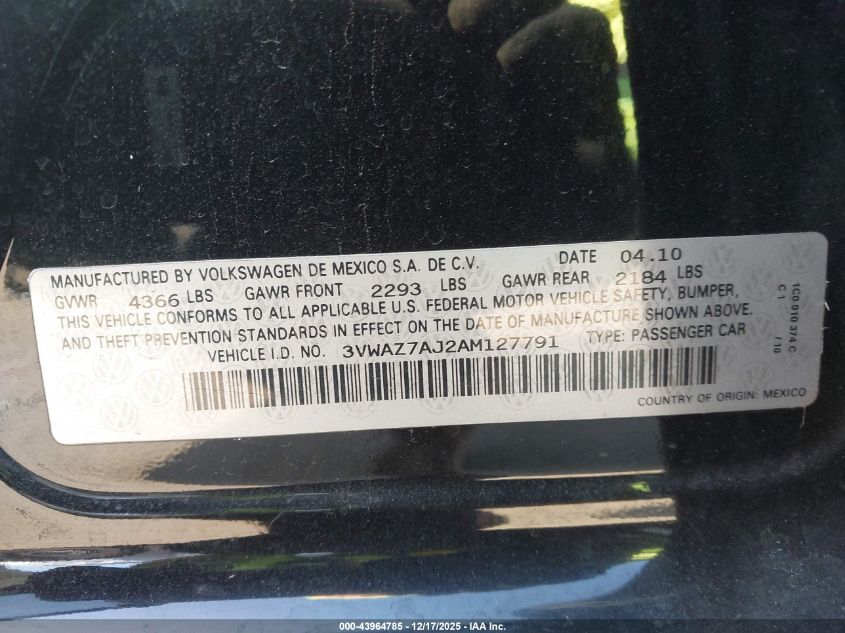 2010 Volkswagen Jetta Limited Edition VIN: 3VWAZ7AJ2AM127791 Lot: 43964785