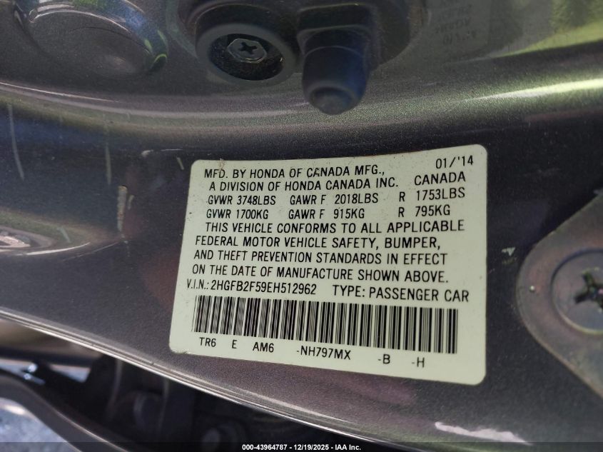 2014 Honda Civic Lx VIN: 2HGFB2F59EH512962 Lot: 43964787