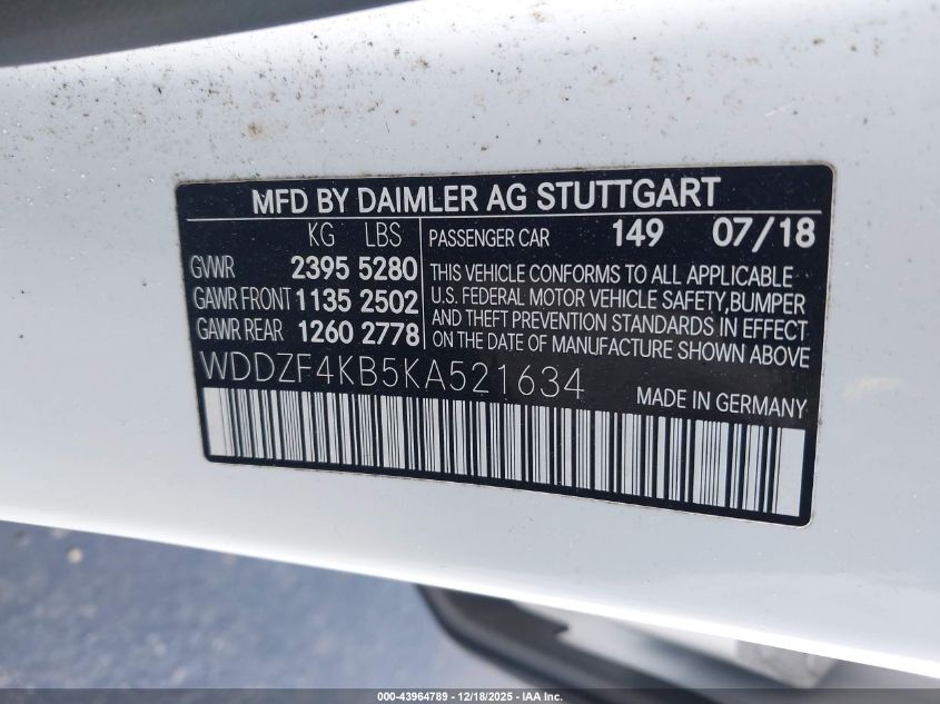 2019 Mercedes-Benz E 300 4Matic VIN: WDDZF4KB5KA521634 Lot: 43964789