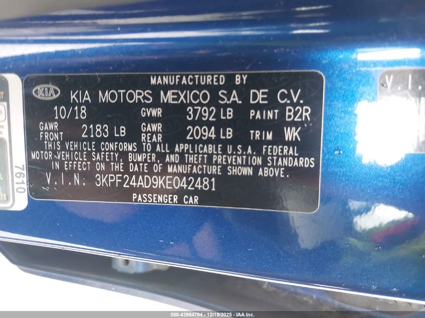 2019 Kia Forte Lxs VIN: 3KPF24AD9KE042481 Lot: 43964794