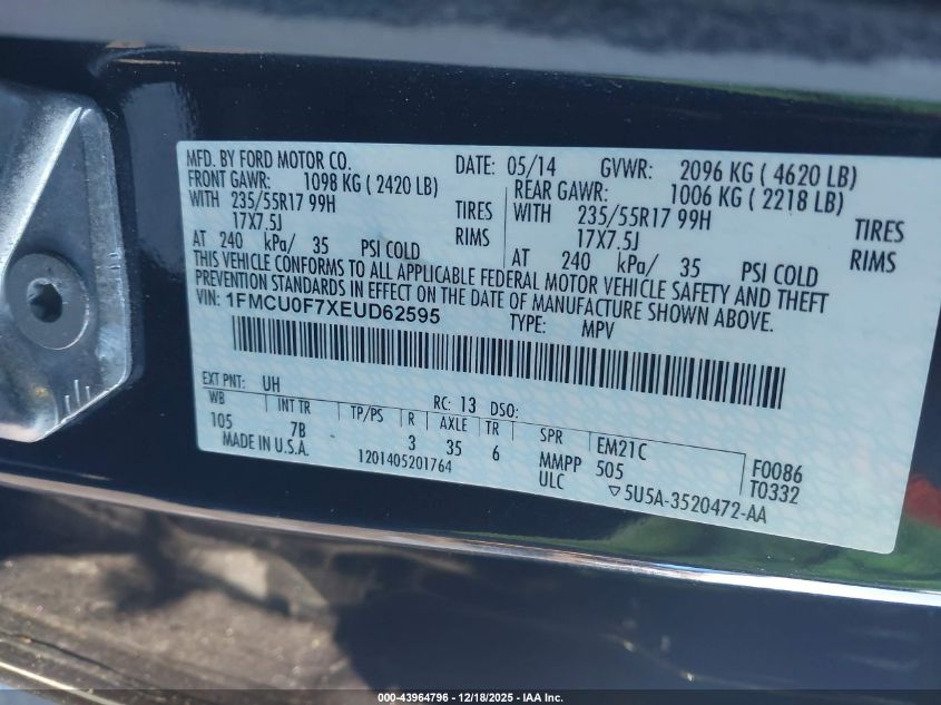 2014 Ford Escape S VIN: 1FMCU0F7XEUD62595 Lot: 43964796