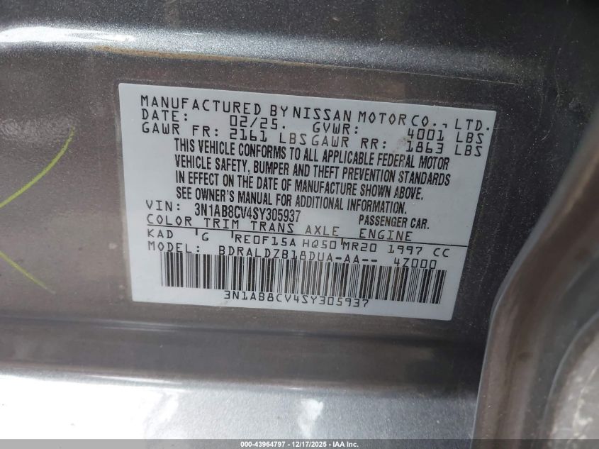 2025 Nissan Sentra Sv VIN: 3N1AB8CV4SY305937 Lot: 43964797