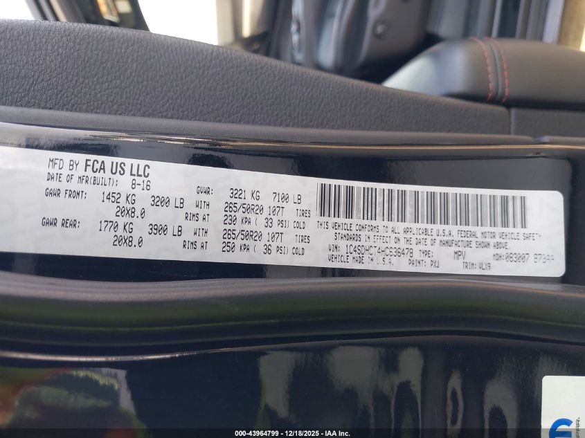 2017 Dodge Durango R/T Rwd VIN: 1C4SDHCT4HC636478 Lot: 43964799