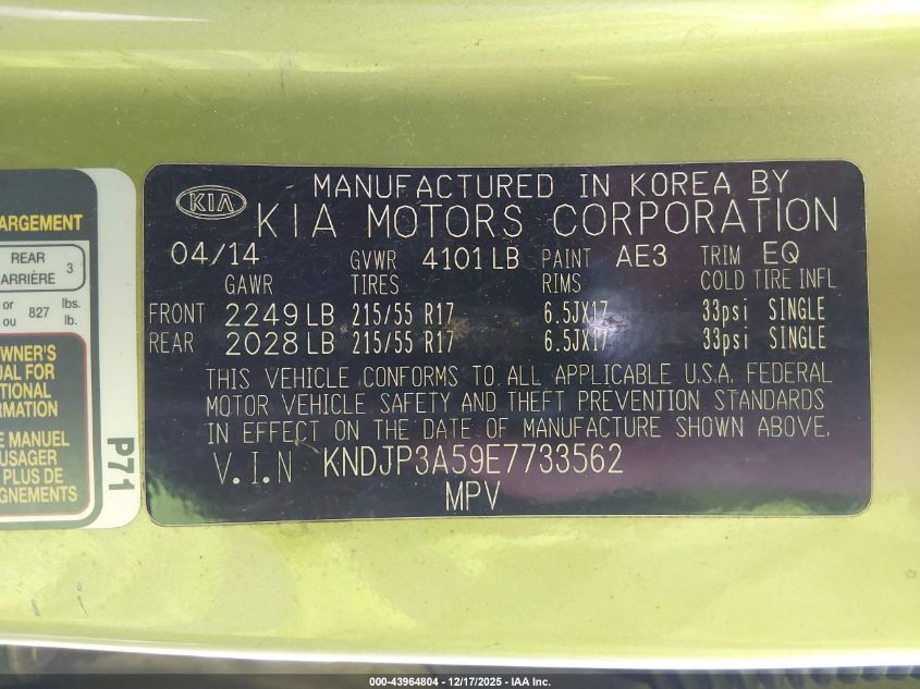 2014 Kia Soul + VIN: KNDJP3A59E7733562 Lot: 43964804