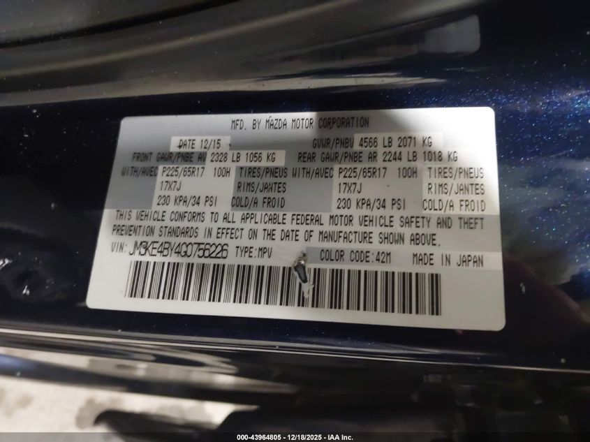 2016 Mazda Cx-5 Sport VIN: JM3KE4BY4G0756226 Lot: 43964805